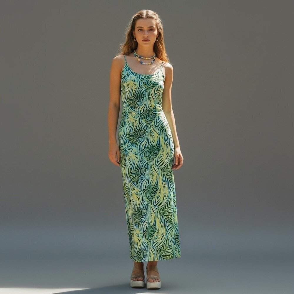 Vintage Express Tricot Abstract Print Slip Dress Y2K 90s Spaghetti Strap Size S